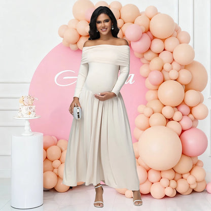 Maternity Elegant Photoshoot Dresses off Shoulder Long Sleeves Solid Pregnant Pleated Dress for Baby Shower