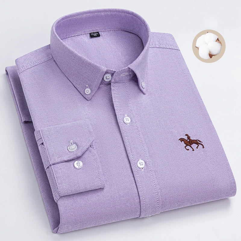 Fashion Strip 100% Oxford Embroidered Horse Casual Without Pocket Solid Plaid Shirts Men's Long Sleeve Dress Shirt Men Plus Size