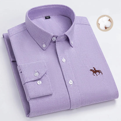 Fashion Strip 100% Oxford Embroidered Horse Casual Without Pocket Solid Plaid Shirts Men's Long Sleeve Dress Shirt Men Plus Size