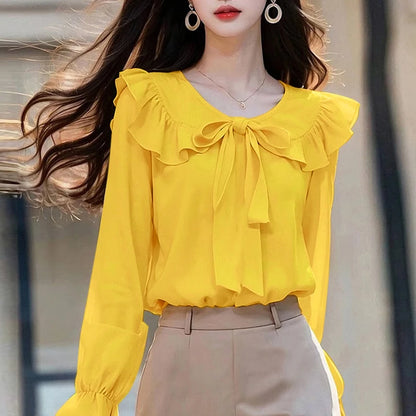ZANZEA Peter Pan Collar Long Sleeve Blouses Korean Style Women Elegant Solid Smock Tops Sweet Long Sleeve Tie Up Blusas Mujer