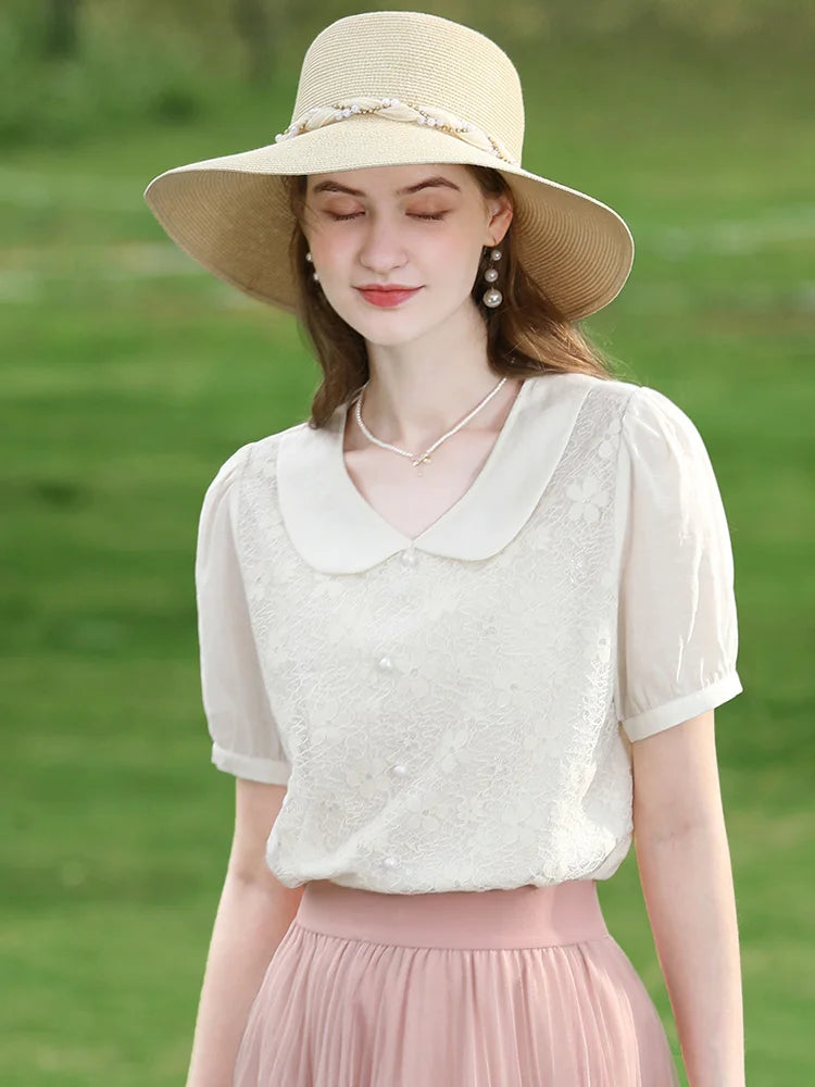 I BELIEVE YOU French Peter Pan Collar Lace Puff Sleeve Shirt Blouse – Women 2024 Summer New Basics NZ | Strylez Virtual Try-On
