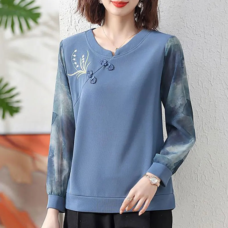Women’s Floral Embroidery Blouse – Casual Printed O-Neck Top, Spring/Fall, Chinese Folk Buckle Shirt | NZ | Strylez Virtual Try-On