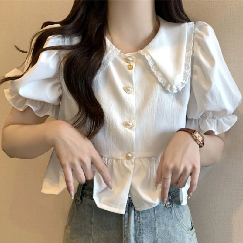 Peter Pan Collar Shirts Women Elegant Ruffles Summer Vintage Party Female Streetwear Puff Sleeve French Style Daily Aesthetic