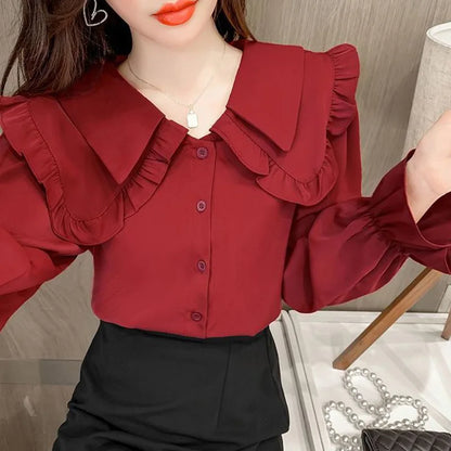 Fashion Peter Pan Collar Button Ruffles Chiffon Shirt Female Clothing 2022 Autumn New Oversized Casual Tops Loose Sweet Blouse