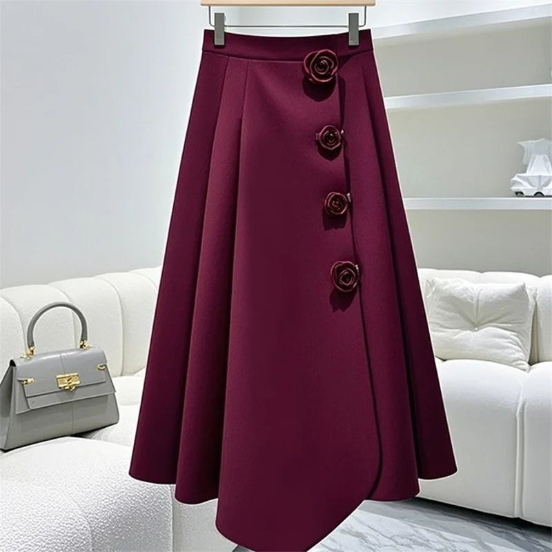 Vintage-Inspired High-Waisted Pleated A-Line Midi Skirt with 3D Flowers – New Zealand | Strylez Virtual Try-On