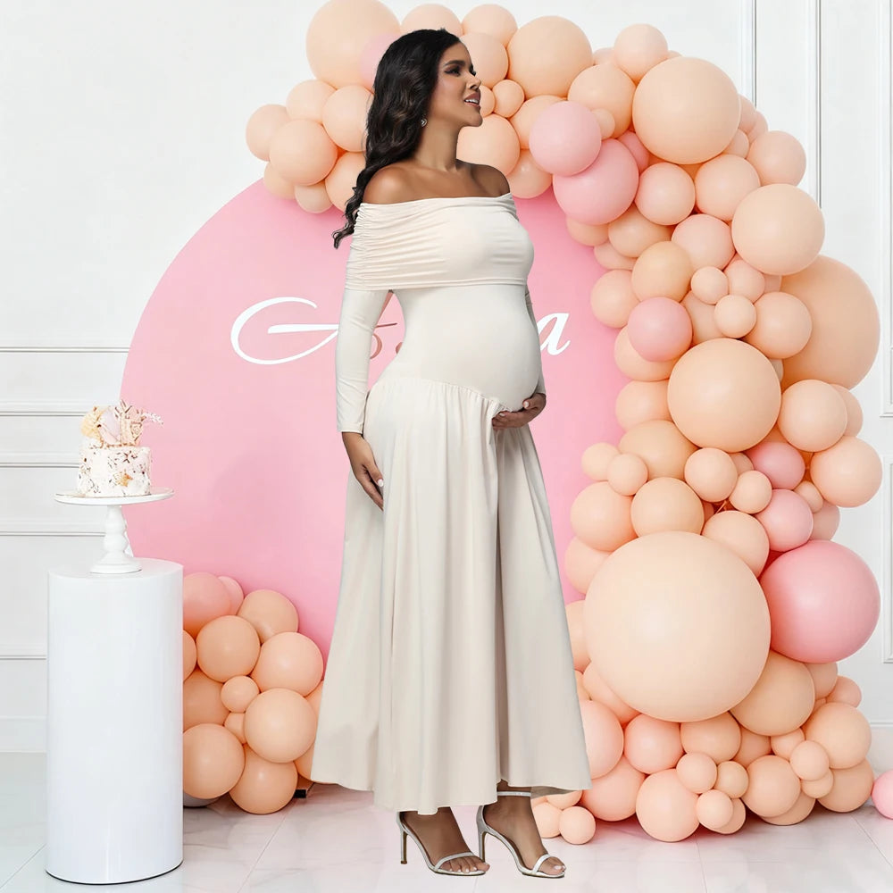 Maternity Elegant Photoshoot Dresses off Shoulder Long Sleeves Solid Pregnant Pleated Dress for Baby Shower