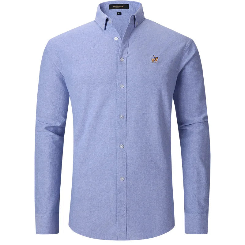 New Pure Cotton Oxford Embroidered Horse Casual Without Pocket Solid Shirt Men's Long Sleeve Dress Shirts Men Business Slim Fit