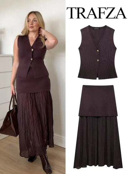 TRAFZA Women’s Chic 2-Piece V-Neck Vest & High-Waist Zipper Skirt Set