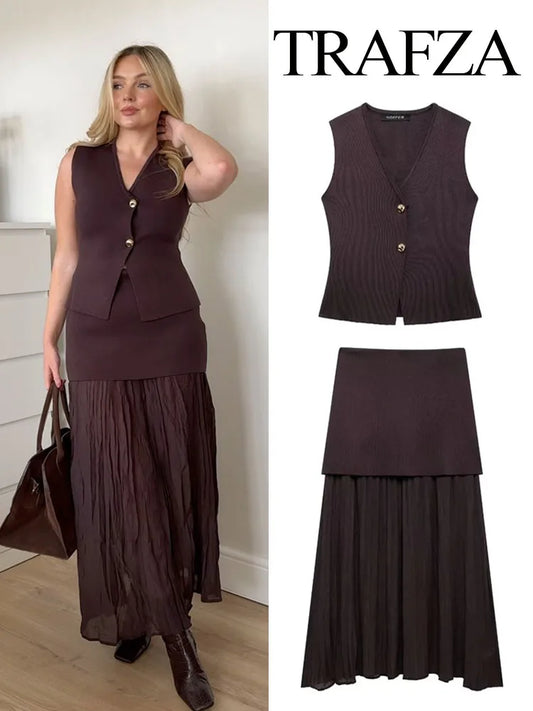 TRAFZA Women’s Chic 2-Piece V-Neck Vest & High-Waist Zipper Skirt Set