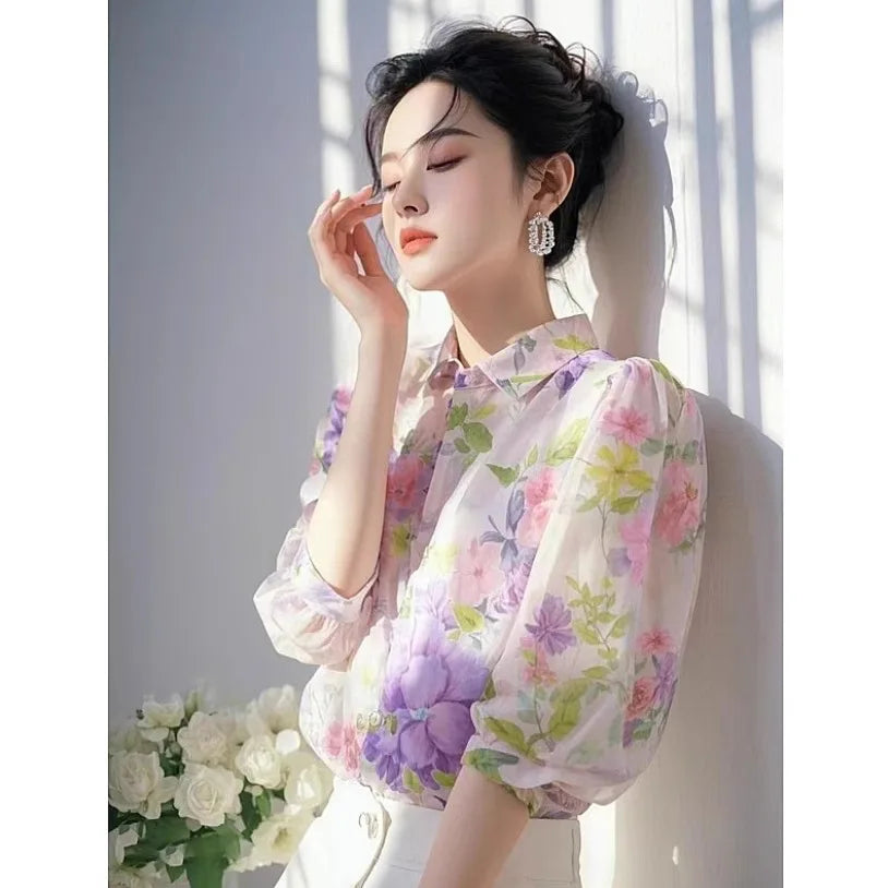Elegant French-style beautiful purple floral chiffon blouse for women, 2025 blouse