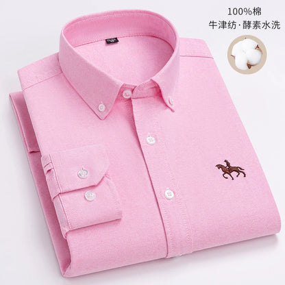Fashion Strip 100% Oxford Embroidered Horse Casual Without Pocket Solid Plaid Shirts Men's Long Sleeve Dress Shirt Men Plus Size