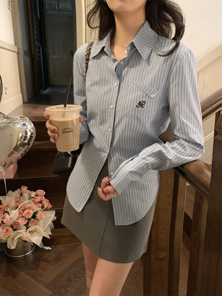 Women’s Button-Up Striped Shirt & Blouse | Long-Sleeve Top for Spring & Autumn | Embroidery Designs | NZ | Strylez Virtual Try-On (Sizes M & XL)