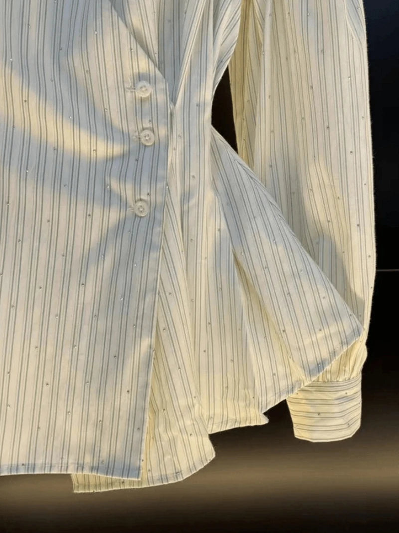 French Striped Long Sleeved Shirt Women Autumn 2025 Elegant Turndown Collar Waist Cinched Top Temperament Dress Hemline Blouse