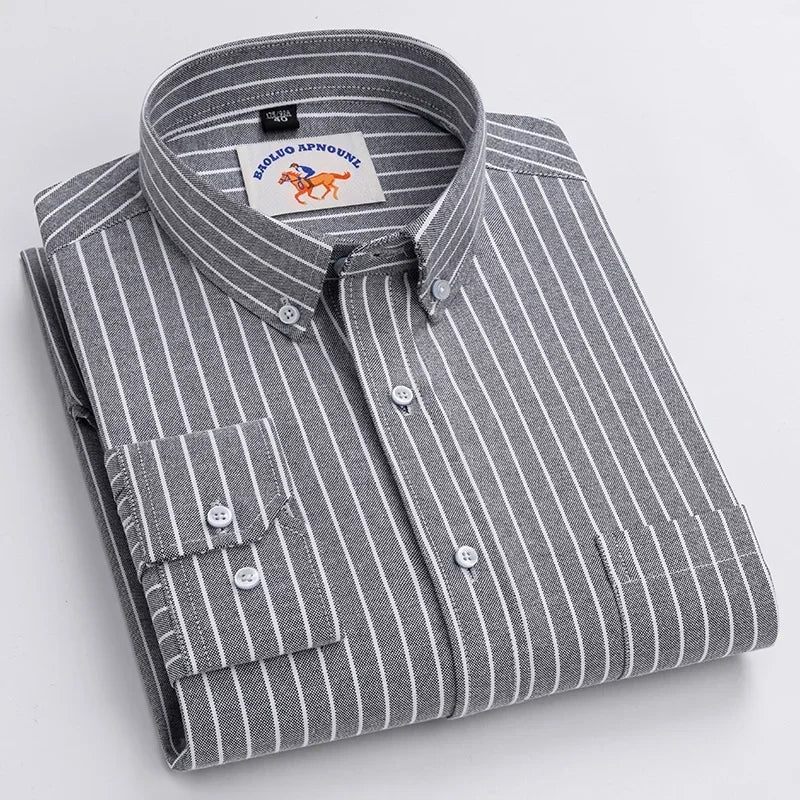 Casual Pure Cotton Oxford Mens Shirts Long Sleeve Embroidery Horse Design Regular Fit Fashion Button Man White Dress Shirt