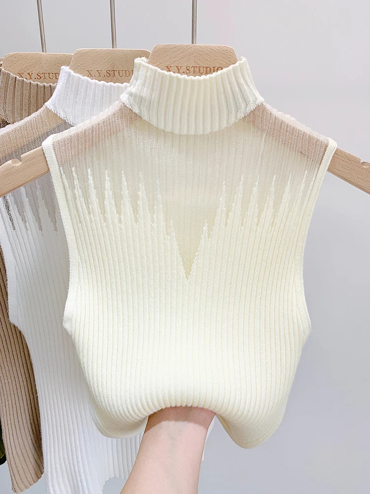Mesh Knitted Top Women Y2K Tank Half-Neck Sleeveless Vest Chic Cut-Out Streetwear Tube Top NZ | Strylez Virtual Try-On
