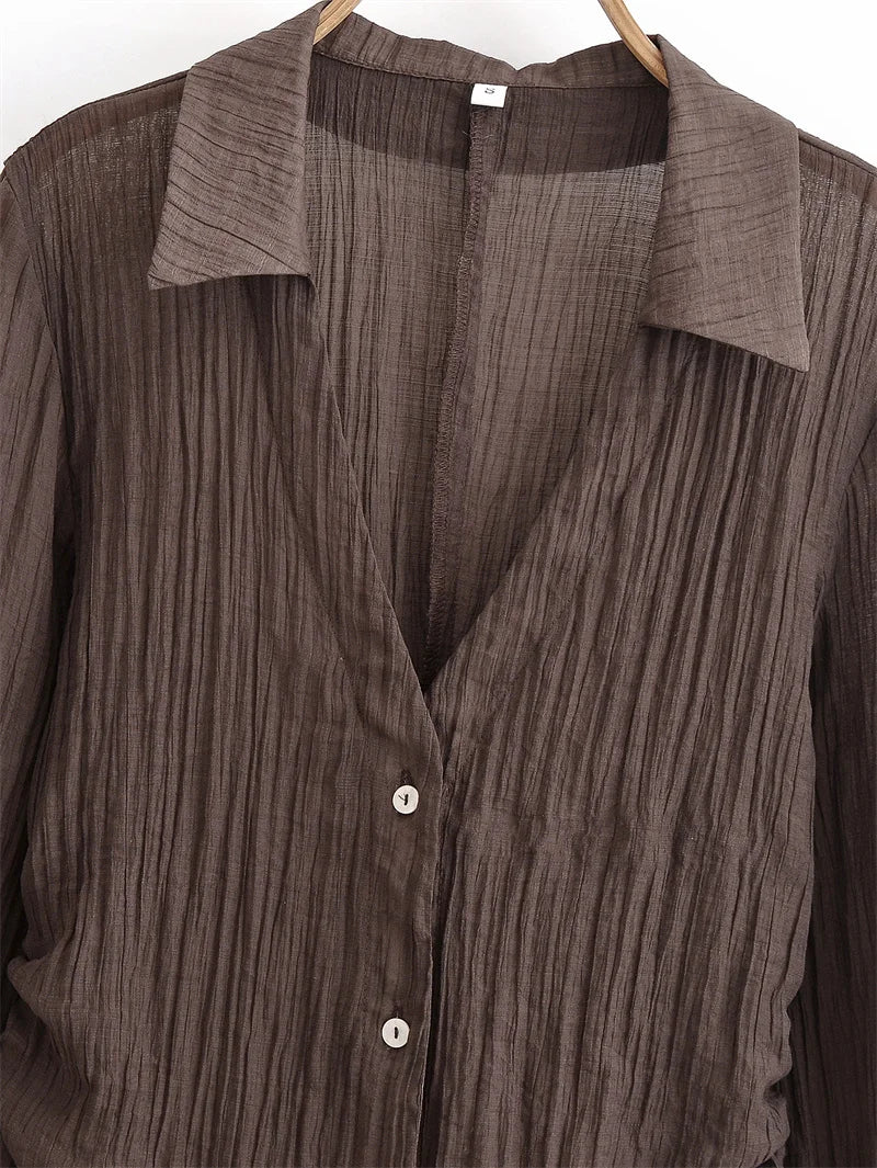 Women's Blouse New Summer 2025 Brown Long Sleeve Translucent Shirt Bow Decoration Sexy and Fashionable Personality and Versatile