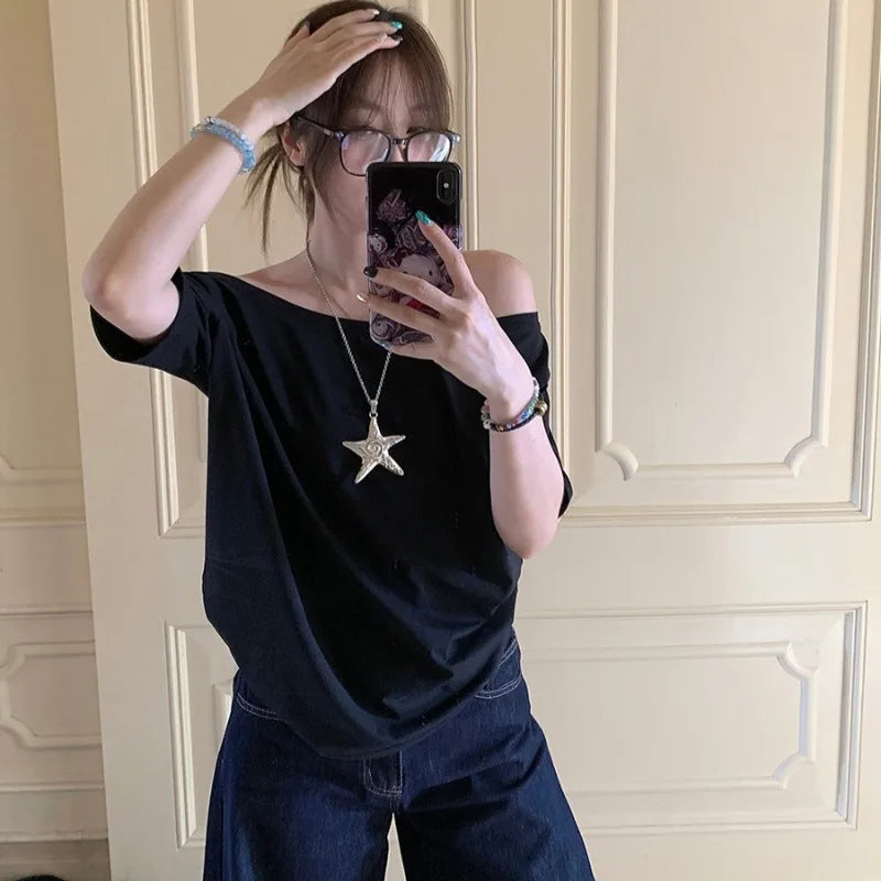 Women T-Shirts Off-Shoulder Short Sleeve Solid Summer Chic Loose Casual Tops - Korean Street Trend NZ | Strylez App Try-On