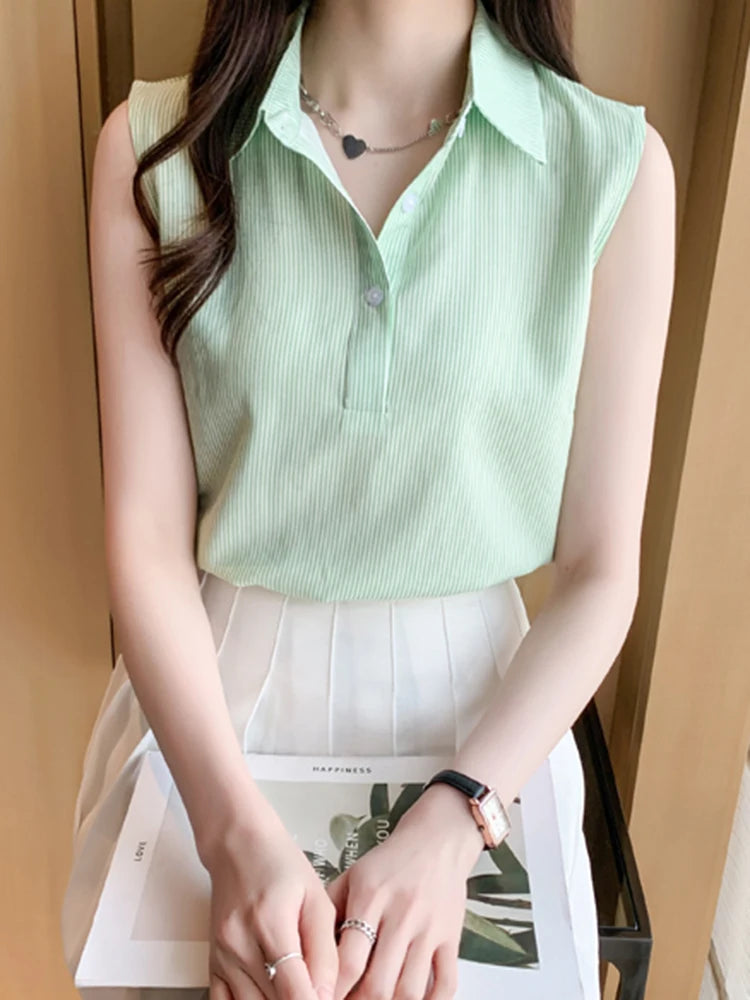 Women Summer Sleeveless Blouse Casual Striped Top | Office OL Blouse | Ladies Basic Tops NZ | Strylez Virtual Try-On