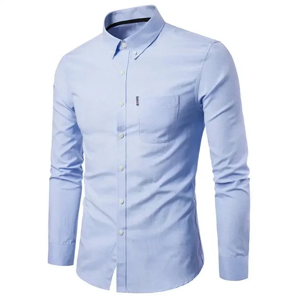2024 Oxford Quick-Dry No Iron Shirts Men Solid Casual Slim Lapel Collar T-Shirts Long-Sleeve Formal Business Shirts Mens Tops