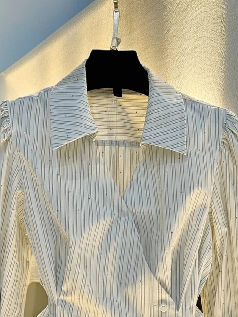 French Striped Long Sleeved Shirt Women Autumn 2025 Elegant Turndown Collar Waist Cinched Top Temperament Dress Hemline Blouse