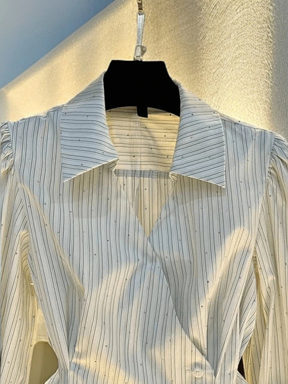 French Striped Long Sleeved Shirt Women Autumn 2025 Elegant Turndown Collar Waist Cinched Top Temperament Dress Hemline Blouse