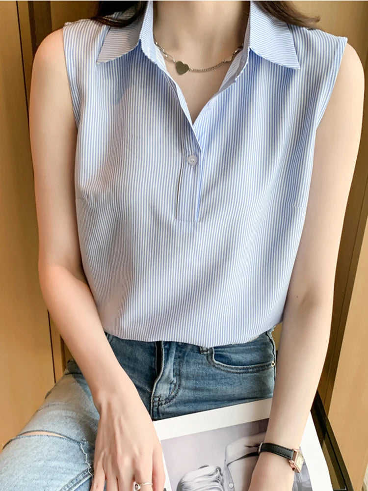 Women Summer Sleeveless Blouse Casual Striped Top | Office OL Blouse | Ladies Basic Tops NZ | Strylez Virtual Try-On