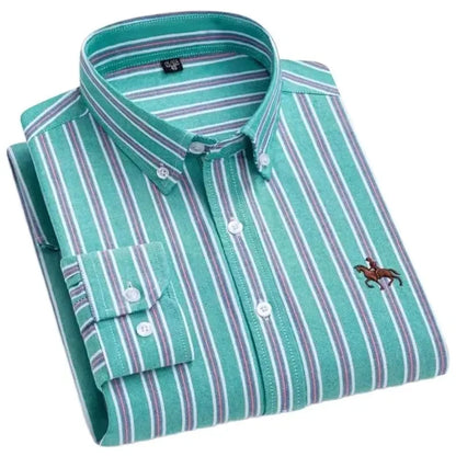 Quality 100% Cotton Oxford Shirt Men's Long Sleeve Embroidered Horse Casual Without Pocket Solid Yellow Dress Shirts Men 5XL 6XL