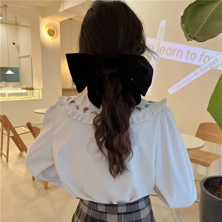 Peter Pan Collar Shirts Women Sweet Embroidery Japanese Style Loose Vintage Lace-up Fashion Age-reducing Tender All-match Girls