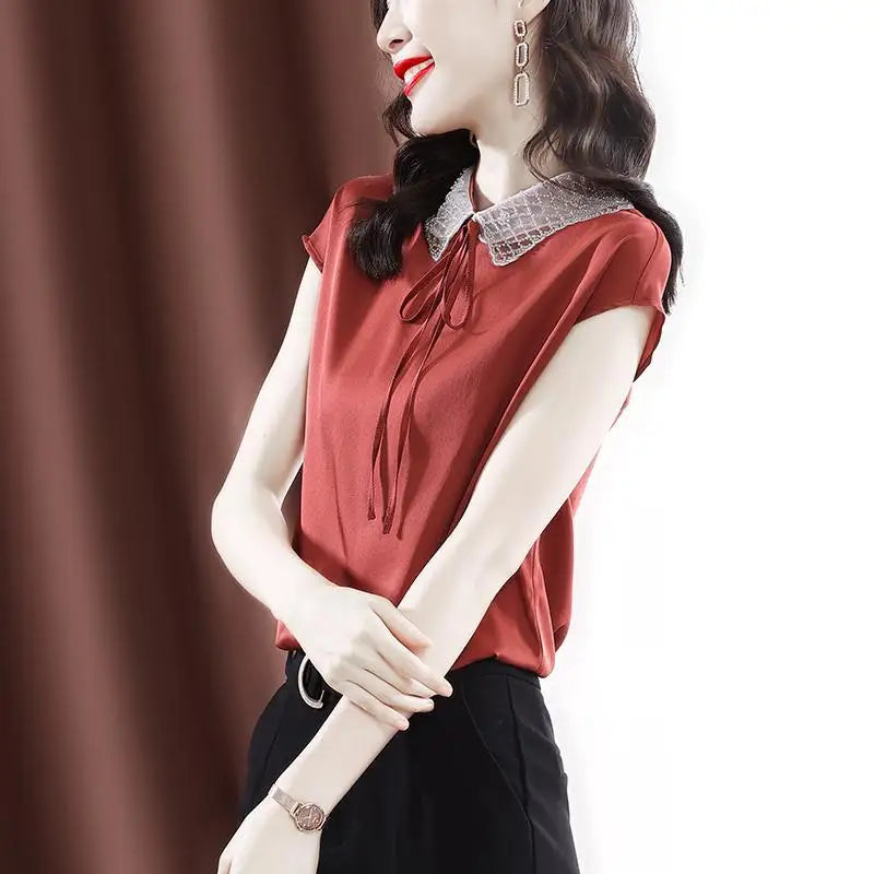 Office Lady Peter Pan Collar Chic Embroidered Flares Blouse Summer Solid Color All-match Drawstring Female Short Sleeve Shirt