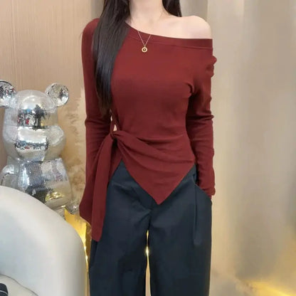 Stripped Off Shoulder Top For Women Slim Fit Asymmetrical Design Trendy Night Out Wear Spring Autumn Fashion Long Sleeve T Shirt