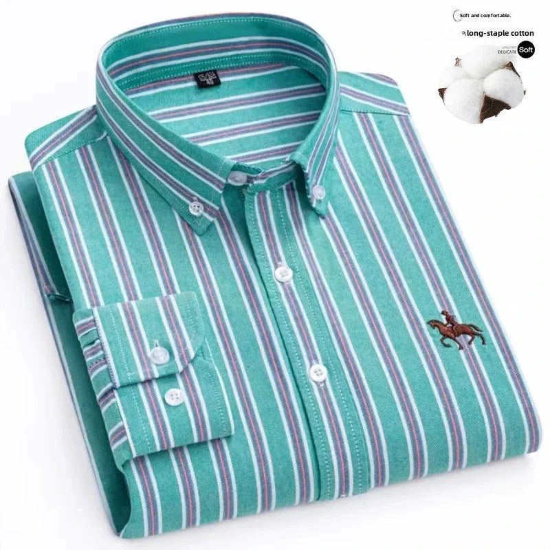 Fashion Strip 100% Oxford Embroidered Horse Casual Without Pocket Solid Plaid Shirts Men's Long Sleeve Dress Shirt Men Plus Size