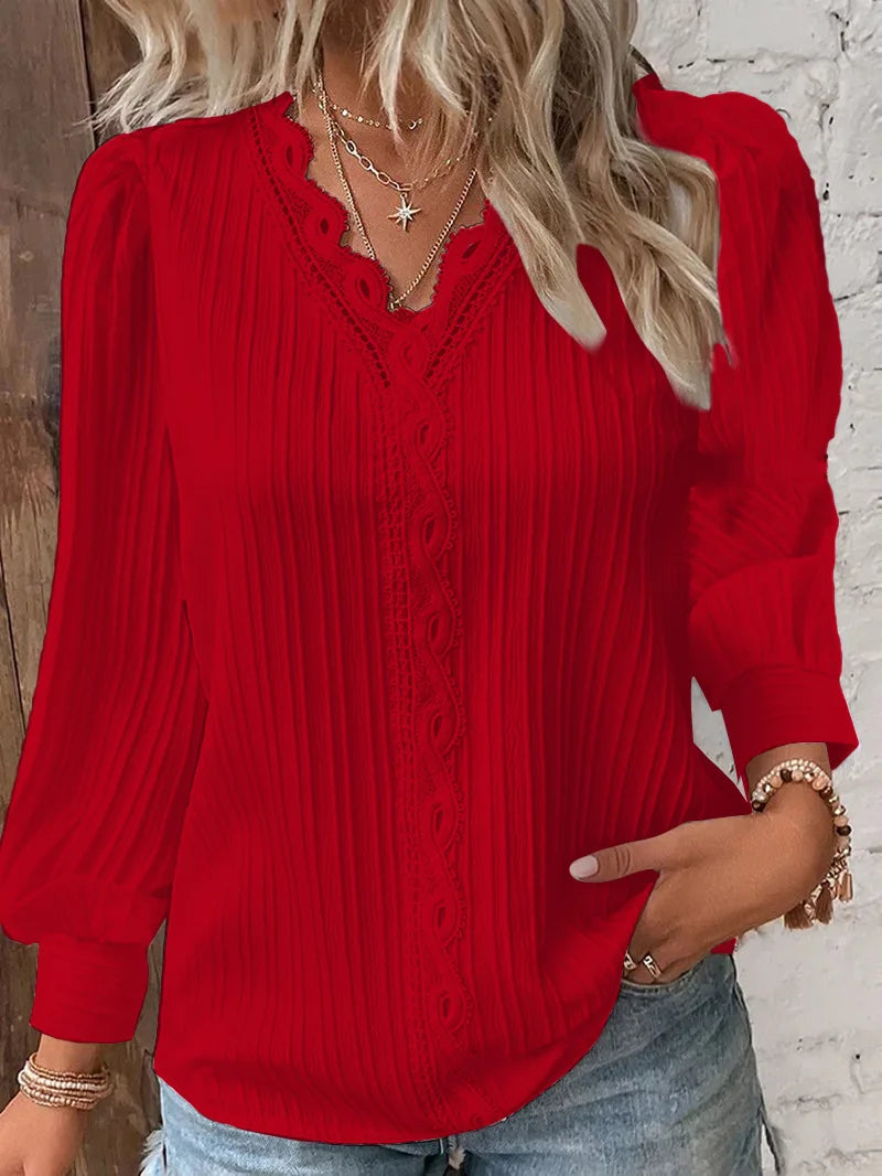 Elegant Summer Hollow Lace Patchwork Women’s Shirt – V-Neck Long Sleeve Blouse, Casual Lace Top New Zealand | Strylez Virtual Try-On