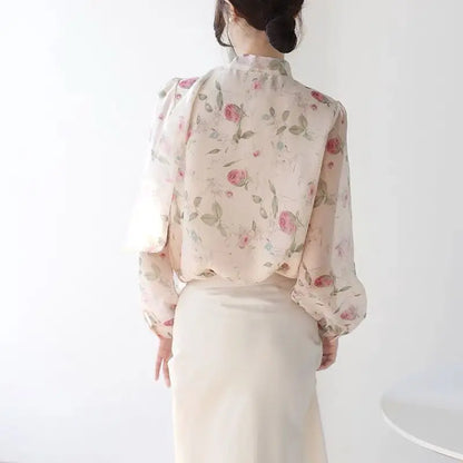 Blouse Women Pink Floral Tops Fall Newly Trendy Bow Vintage Gentle Sweet Casual French Puff Sleeve Ins Chic Stand Collar Lace-up