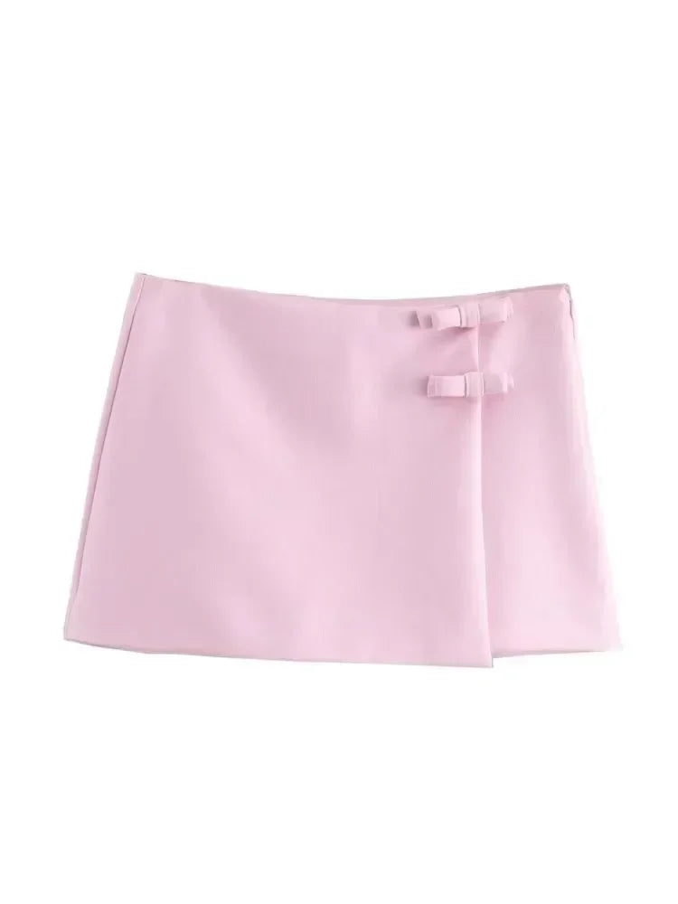 Pink Bow Halter Crop Top and Asymmetrical Shorts Set