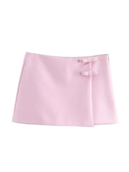 Pink Bow Halter Crop Top and Asymmetrical Shorts Set