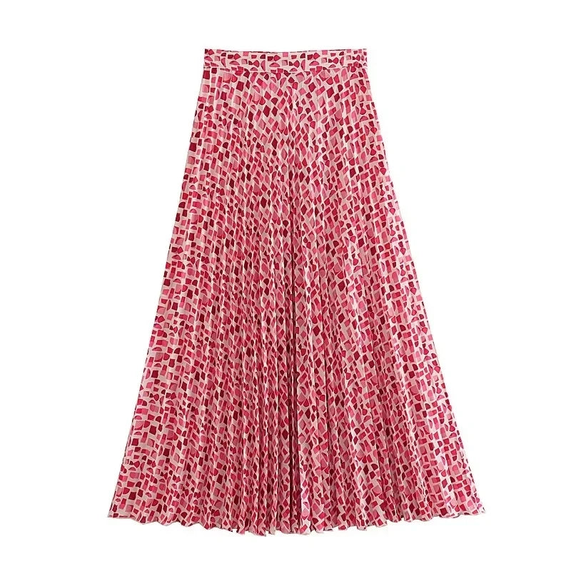Playful Pink Pleated Midi Skirt High-Waist Ruched Fairycore for Women | Summer Evening Vibes NZ | Strylez Try-On