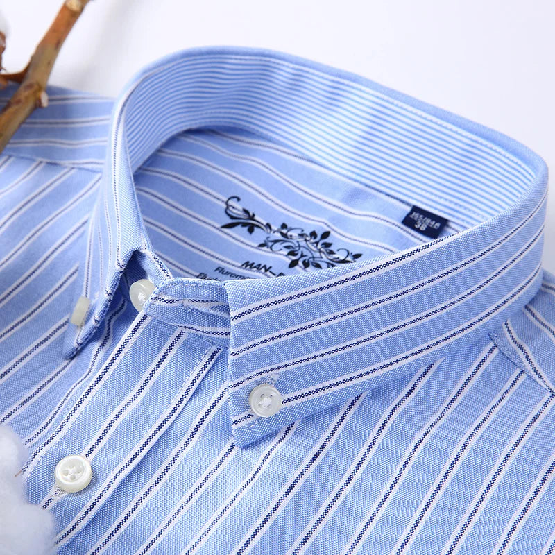 New Oxford woven men's shirt long sleeve striped fashion print casual business social breathable no-iron buckle collar