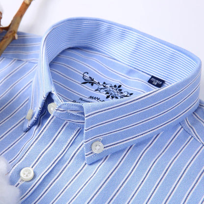 New Oxford woven men's shirt long sleeve striped fashion print casual business social breathable no-iron buckle collar