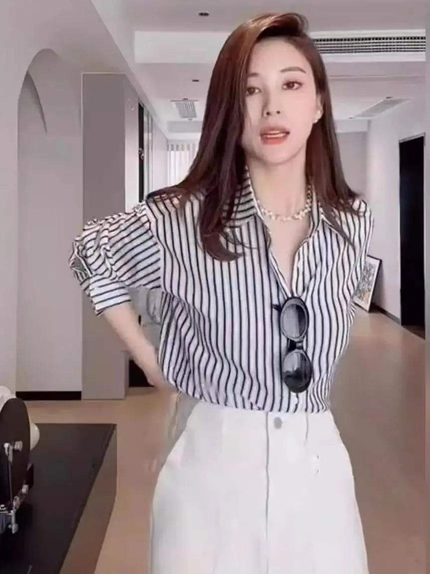 Black Striped Blouse for Women | Spring Casual Long Sleeve Top, Office/Workwear Shirt New Zealand | Strylez Virtual Try-On