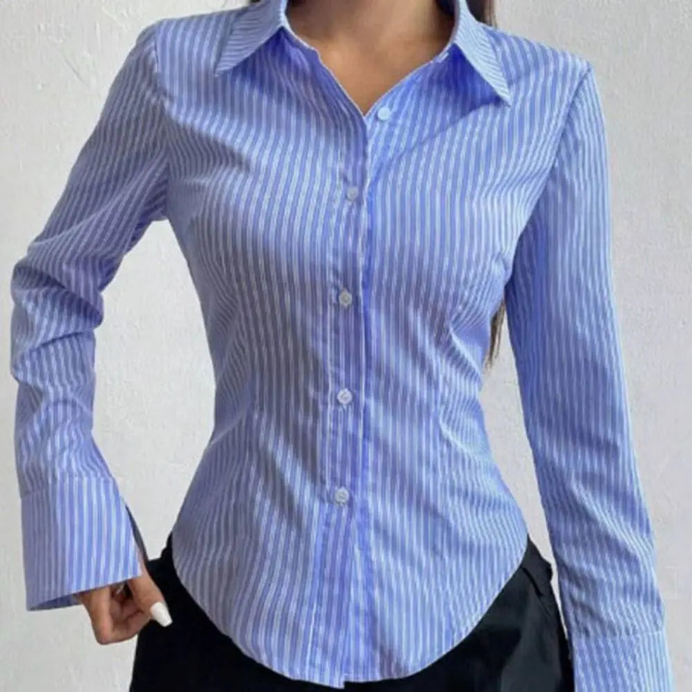 Casual Classic Striped Long Sleeved Blouse Single-breasted V-neck Stripe Shirts for Women Simple Thin Retro Chic Tops Women