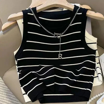 2025 New Striped Stretch Vest Basic Versatile Short Top Women's Clothing
