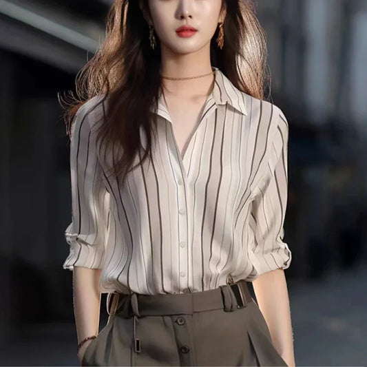 Stripe Women Shirt Vintage Blouse 2024 Fashion Spring Autumn Womens Tops Casual Female Clothing Loose Elegant Shirts For Women