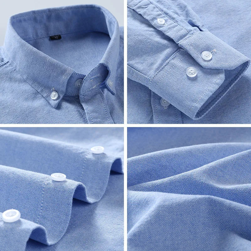 Quality 100% Cotton Oxford Shirt Men's Long Sleeve Embroidered Horse Casual Without Pocket Solid Yellow Dress Shirts Men 5XL 6XL