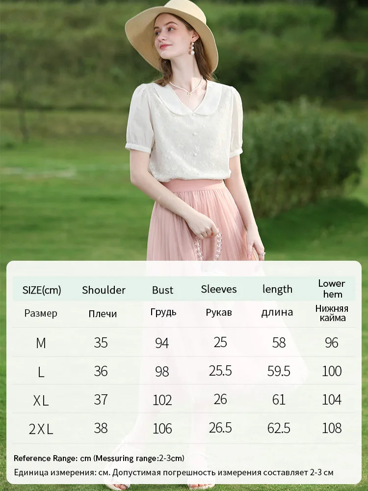 I BELIEVE YOU French Peter Pan Collar Lace Puff Sleeve Shirt Blouse – Women 2024 Summer New Basics NZ | Strylez Virtual Try-On