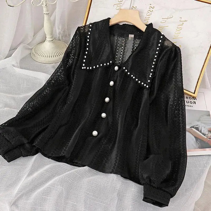 Women Peter Pan Collar Hollow-Out Shirt - Solid Elegant Top, French Style, New Zealand, Strylez Virtual Try-On