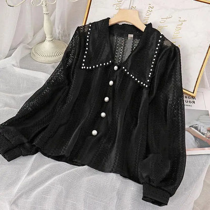 Shirts Women Peter Pan Collar Hollow Out Fashion Tender Sweet Solid Young French Style Elegant Ins Топ Женский New Arrival Chic
