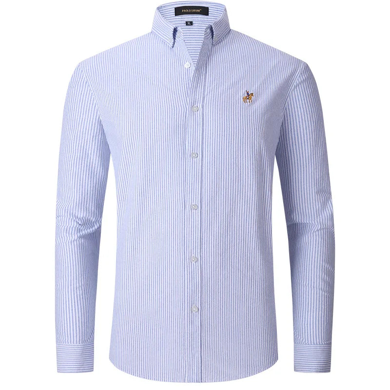 New Pure Cotton Oxford Embroidered Horse Casual Without Pocket Solid Shirt Men's Long Sleeve Dress Shirts Men Business Slim Fit