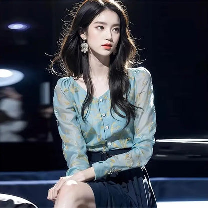 French Blue Printed Chiffon Blouse for Women Elegant and Beautiful New Autumn Long-sleeved Shirt with a Sense of Grade