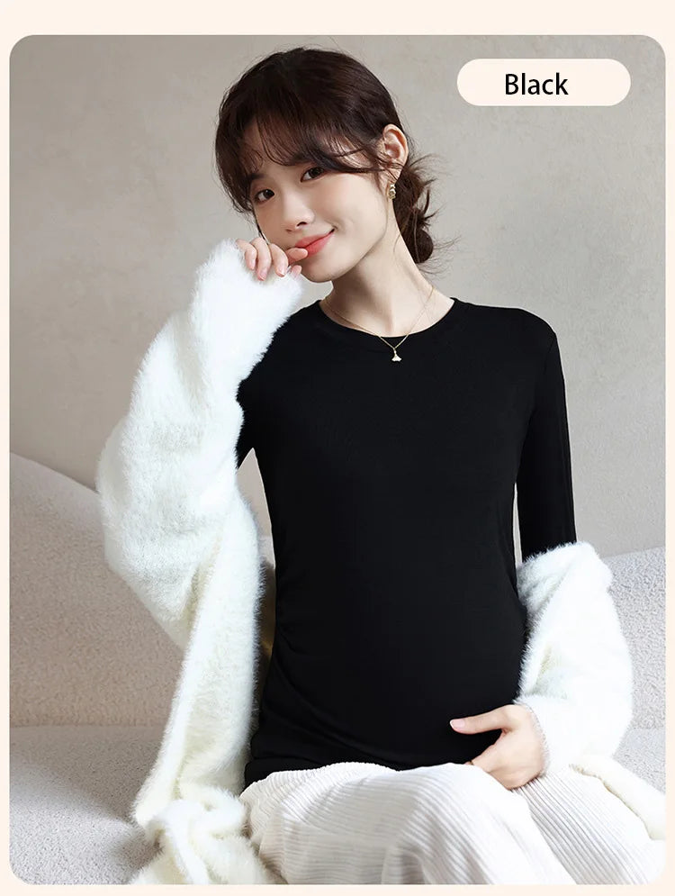 Maternity Spring Fall Round Neck Long-Sleeved Slim Thin Section Bottoming Shirt Pregnant Women's Solid Elastic Soft Homewear