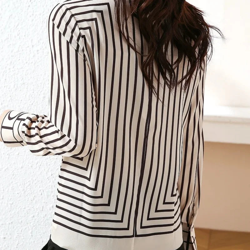 Stripe Print Women’s Blouse - O-Neck Long Sleeve Top, Casual Loose Fit - New Zealand | Strylez Virtual Try-On